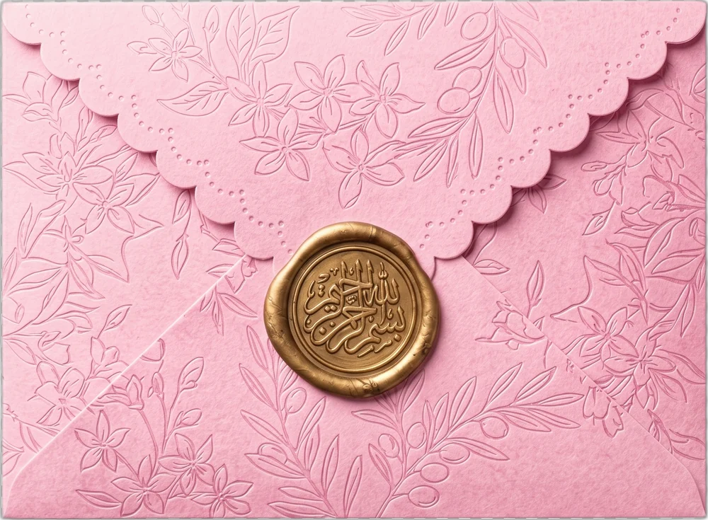 Burgundy embossed envelope sealed with a gold wax seal
